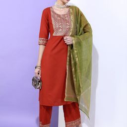 Vishudh Women Rust & Green Yoke Design Straight Kurta with Trousers & With Dupatta-32