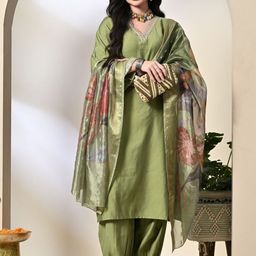 Myshka Floral Yoke Design V-Neck Bell Sleeves Straight Kurta With Salwar & With Dupatta-image-77