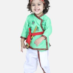 BownBee Boys Green & White Ethnic Motifs Cotton Angrakha Kurta With Dhoti Pants & Mukut-21