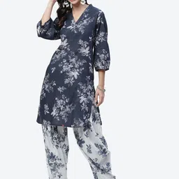 Biba Women Navy Blue & White Floral Printed Pure Cotton Kurta with Salwar-picture-49