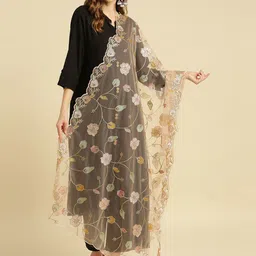Dupatta Bazaar Women Peach-Coloured & Green Embroidered Dupatta with Sequinned-6