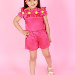 LIL DRAMA Girls Ruffled Off-Shoulder Pure Cotton Top with Shorts-image-94