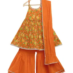 Tiber Taber Girls Orange Printed Pleated Pure Cotton Kurti with Skirt & With Dupatta-image-8