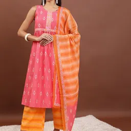 KETCH Floral Printed A-Line Kurta With Palazzos & Dupatta-4