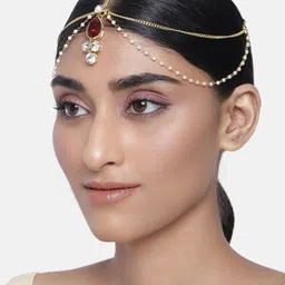I Jewels Women Maroon Gold-Plated Traditional Pearl Layer with Stone Studded Mathapatti-image-35
