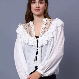 Amagyaa Self Design Embroidered Cotton Tie-Up Shrug-10