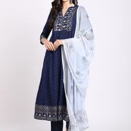 Rajnandini Women Navy Blue Floral Printed Sequinned Kurti with Trousers & With Dupatta-image-59