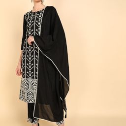 AHIKA Women Black Ethnic Motifs Embroidered Layered Chikankari Kurta with Trousers & With Dupatta-image-92