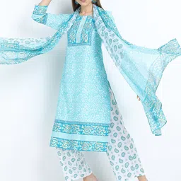 Vishudh Women Turquoise Blue Floral Printed Kurta Trouser With Dupatta-image-50