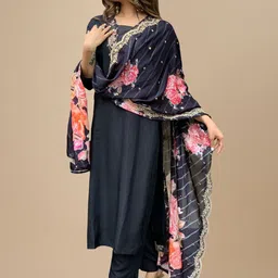 GOROLY Floral Embroidered Sequinned Pure Silk Straight Kurta with Trousers & With Dupatta-picture-28