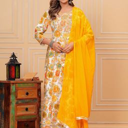 KALINI Floral Printed Round Neck Regular Gotta Patti Kurta ,Trousers & Dupatta-image-42