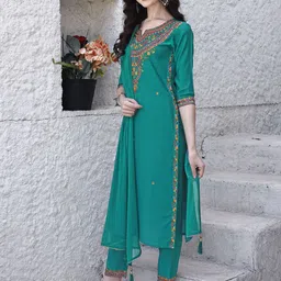 KALINI Floral Embroidered Regular Thread Work Kurta with Trousers & Dupatta-image-57