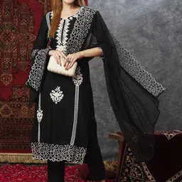 KALINI Floral Embroidered Regular Thread Work Straight Kurta With Trousers & Dupatta-picture-19