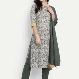 githaan Women Grey Ethnic Motifs Printed Pure Cotton Kurta with Trousers & With Dupatta-image-11