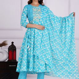 KALINI Abstract Printed Thread Work Pure Cotton Kurta & Trousers With Dupatta-image-91