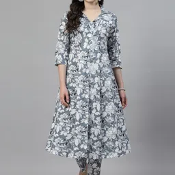 NEW STYLISH Women Floral Printed Regular Pure Cotton A-Line Kurta with Trousers-image-43