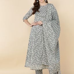 MAAND Women Grey Floral Printed Angrakha Pure Cotton Kurta with Trousers & With Dupatta-picture-44