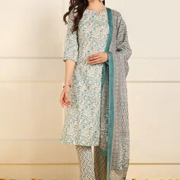 KALINI Floral Printed Regular Pure Cotton Straight Kurta with Trousers & Dupatta-39