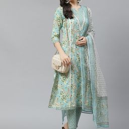 Yuris Women Blue & Green Floral Printed Pure Cotton Kurta with Trousers & Dupatta-picture-22