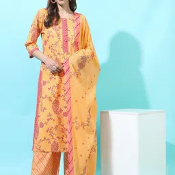 Vishudh Women Floral Pure Cotton Kurta with Trouser and Dupatta-image-59