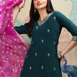 Ishin Green Embroidered Regular Sequinned Straight Kurta With Trousers & Duppatta-picture-15