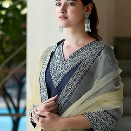 KALINI Ethnic Motifs Yoke Design Sequinned Straight Kurta With Trousers & Dupatta-16