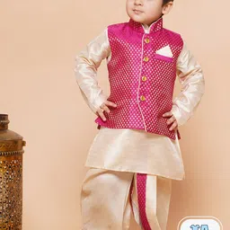 Aj DEZInES Boys Mandarin Collar Raw Silk Kurta with Dhoti Pants & Nehru jacket-image-59