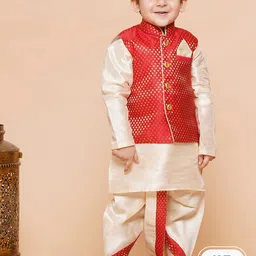 Aj DEZInES Boys Mandarin Collar Raw Silk Kurta with Dhoti Pants & Nehru jacket-picture-32