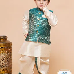 Aj DEZInES Boys Mandarin Collar Raw Silk Kurta with Dhoti Pants & Nehru jacket-50