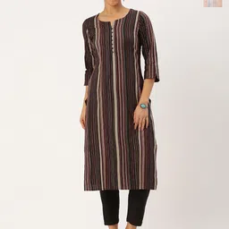 KALINI Selection Of 2 Striped Printed Notch Neck Straight Kurtas With Trousers-17
