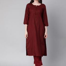 Shaily Striped Regular Thread Work Cotton Kurta with Trousers-image-7
