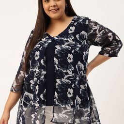 theRebelinme Plus Size Navy Blue & Grey Floral Print Layered Georgette Longline A-Line Top-picture-20