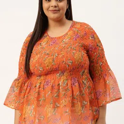 theRebelinme Plus Size Orange & Green Floral Print Georgette Smocked A-Line Top-picture-9
