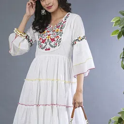 Globus Floral Embroidered Flared Sleeves Gathered & Tiered Fit and Flare Dress-image-2