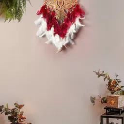 DULI Maroon & White Feathers Dreamcatcher Wall Hanging Windchimes-picture-40