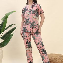 Ameerah Tropical Printed Lapel Collar Pure Cotton Shirt With Pyjamas-image-96
