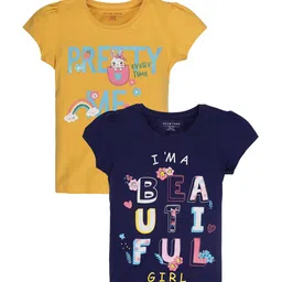 PLUM TREE Girls Pack Of 2 Navy Blue & Yellow Typography Printed T-shirt-image-51