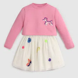 Somersault Girls Embroidered Round Neck Long Sleeves Pure Cotton Top With Skirt-image-80