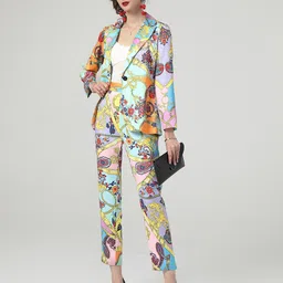 JC Collection Women Multicoloured Printed Coat with Trouser Co-Ords Set-11