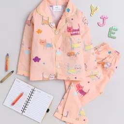 Knitting Doodles Kids Graphic Printed Lapel Collar Night Suits-52