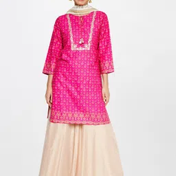 Global Desi Women Pink Ethnic Motifs Printed Thread Work Kurta with Palazzos & With Dupatta-picture-23