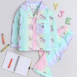 Knitting Doodles Girls Cartoon Characters Printed Lapel Collar Night Suits-32