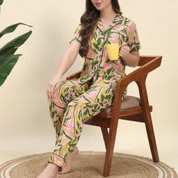 Ameerah Tropical Printed Lapel Collar Pure Cotton Shirt With Pyjamas-image-56