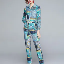 JC Collection Women Blue & Green Printed Shirt with Trouser Co-Ords Set-image-66