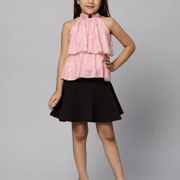 Macwin Girls Self Design High Neck Top With Skirt-48