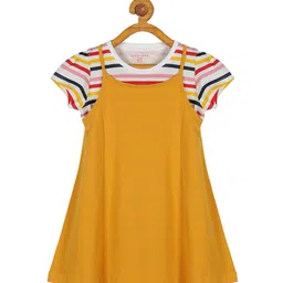 PLUM TREE Girls Mustard Striped Pure Cotton T-shirt With Dress-picture-28