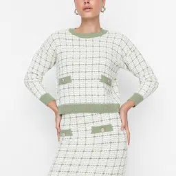 Trendyol Woman Mint Green & White Checked Pure Cotton Skirt & Top-picture-44