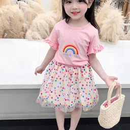 YK Girls Printed Round Neck Short Sleeves Pure Cotton Top With Skirt-10