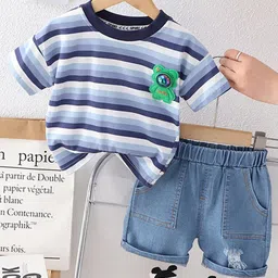INCLUD Boys Striped Round Neck T-shirt with Shorts-image-44