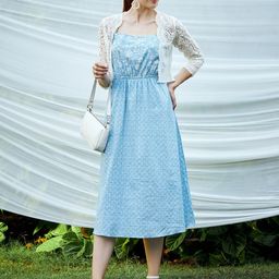 Athena Women Blue Floral Printed  A-Line Midi Dress With Jacket-picture-24